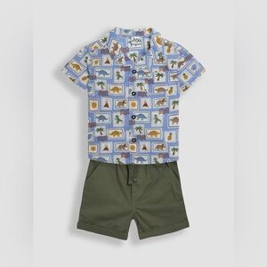 Jojo Maman Bebe Dino Stamp 2-Piece Printed Shirt & Twill Shorts Set 9M